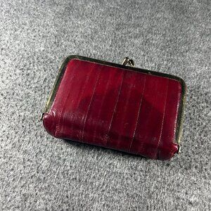 Vintage Red Eel Skin & Brass Makeup Case Clutch With Mirror And Kiss Lock